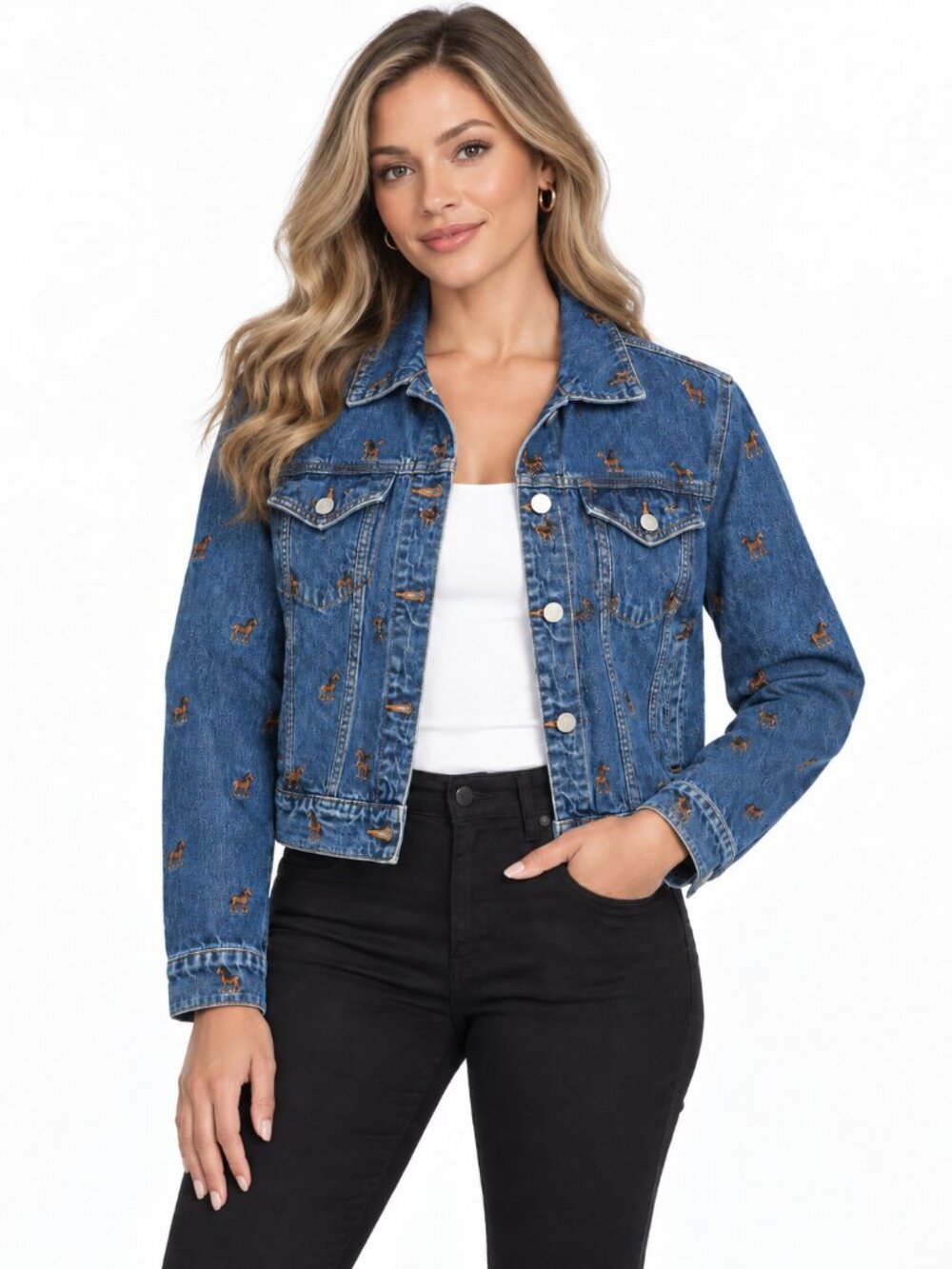 Avec Les Filles NWT Embroidered Horse Denim Jacket Blue Medium